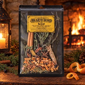 May include: A clear plastic pouch containing a Hearth Ward simmer pot blend with cinnamon sticks, star anise, dried orange peel, cloves, and various herbs. The yellow label lists ingredients including cedar, pine buds, rosemary, and juniper berries.