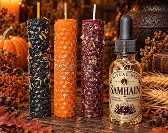 Samhain Ritual Bundle, Ancestral Oil & 3 Beeswax Candles, Ancestor Work, Remembrance, Divination, Protection