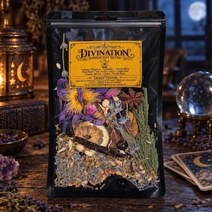 May include: A clear plastic pouch containing a Curio Nocturne Divination Simmer Pot Blend. The yellow label lists ingredients including lemon, mugwort, lavender, rose buds, star anise, lotus, anise seed, juniper berries, cedar, and vanilla bean.