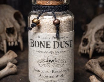 Polvo de hueso • Preparado ritualmente • De origen ético • Protección, destierro, trabajo ancestral • Suministros para brujería y rituales