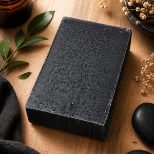 Può includere: Una saponetta rettangolare grigio scuro con una superficie strutturata. Il sapone è circondato da una candela accesa in un barattolo di vetro, foglie verdi, pietre nere e fiori secchi, il tutto disposto su una superficie di legno.