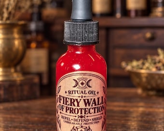 May include: A clear glass dropper bottle filled with bright red liquid. The label features black text reading RITUAL OIL FIERY WALL OF PROTECTION, REPEL DEFEND SHIELD, UNBREAKABLE PROTECTION, and CURIO NOCTURNE, with a black dropper cap on top.