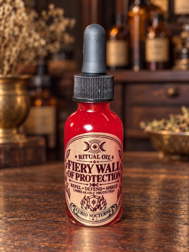 May include: A clear glass dropper bottle filled with bright red liquid. The label features black text reading RITUAL OIL FIERY WALL OF PROTECTION, REPEL DEFEND SHIELD, UNBREAKABLE PROTECTION, and CURIO NOCTURNE, with a black dropper cap on top.
