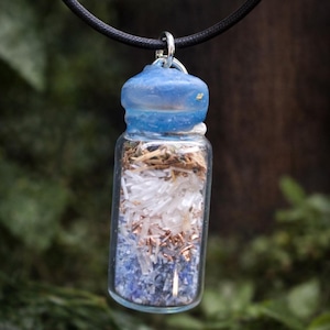 May include: A glass vial pendant filled with layers of blue, white, and brown materials, topped with a blue cap. The pendant hangs from a black cord necklace. The background is blurred green foliage.