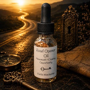 May include: A clear glass dropper bottle with a black cap containing liquid and botanical elements. The white label reads Road Opener Oil, Movement, Clearing, Opportunity, and Curio Nocturne, featuring a small key icon.