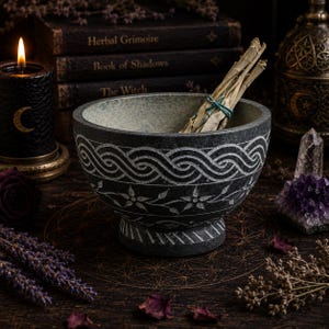May include: A dark gray stone mortar bowl featuring a carved repeating wave pattern around the upper rim and a floral vine design below. The bowl has a pedestal base with diagonal etched lines and contains a bundle of dried sage tied with string.