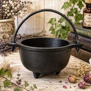 May include: A black cast iron cauldron with a rounded body, three short legs, and a curved metal handle attached to two side loops. The surface of the cauldron has a textured, matte finish, and the design features a wide opening at the top.