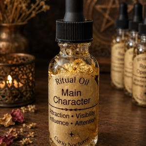 May include: A clear glass dropper bottle filled with golden liquid and gold flakes. The label reads Ritual Oil Main Character, Attraction, Visibility, Influence, Attention, and Curio Nocturne. It has a black dropper cap and a tan paper label.