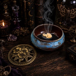 May include: A round ceramic incense burner with a blue and brown glazed finish, containing black ash and light-coloured resin incense emitting smoke. A circular brass-toned metal lid with a floral relief pattern sits beside the burner.
