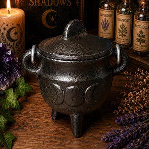 May include: A black cast iron cauldron with a matching lid, featuring a triple moon symbol embossed on the front. The pot has three sturdy legs and two side handles with silver-toned rings attached, providing a textured and durable appearance.