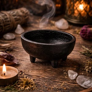 May include: A black cast iron cauldron with three legs, emitting wisps of smoke. The cauldron sits on a wooden surface, surrounded by candles, crystals, and dried herbs, creating a mystical ambiance.