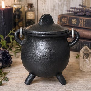 May include: A black cast iron cauldron with a matching lid, featuring three short legs and two side handles with silver-toned metal rings attached. The pot has a rounded, bulbous body and a textured surface, presented as a standalone vessel.