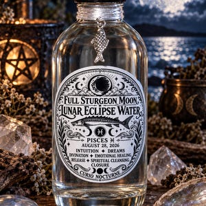 May include: A clear glass bottle with a black cap, featuring a silver fish charm tied around the neck. The label reads: Full Sturgeon Moon Lunar Eclipse Water, Pisces, August 28, 2026, Intuition, Dreams, Divination, Emotional Healing, Release, Spiritual Cleansing, Closure, Curio Nocturne.