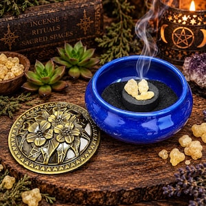 May include: A cobalt blue ceramic incense burner with a round, antique brass-toned metal lid featuring a raised floral design. Inside the bowl, a black charcoal disc holds light-colored resin incense, emitting a thin trail of white smoke.