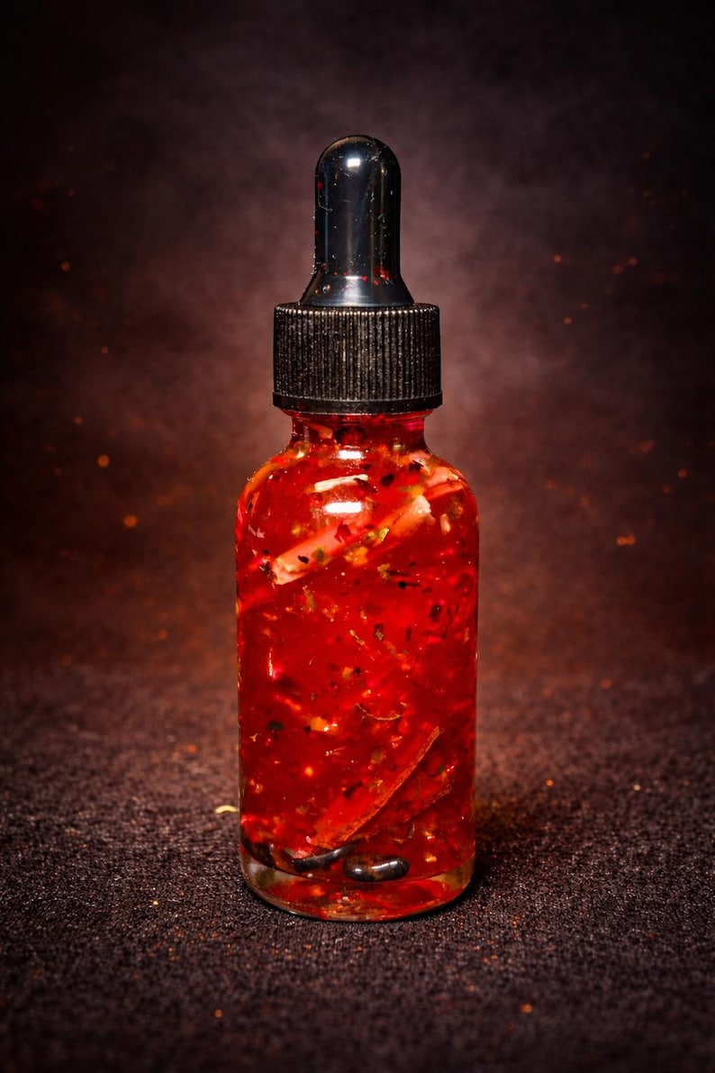 May include: A clear glass dropper bottle filled with a vibrant red liquid containing visible botanical inclusions and small dark particles. The bottle is topped with a black ribbed screw-on cap and a black rubber dropper bulb at the very top.