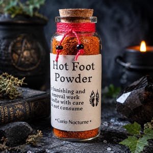 Può includere: Un barattolo di vetro pieno di polvere arancione, etichettato "Hot Foot Powder". Il barattolo ha un tappo di sughero, spago rosso e perline nere. L'etichetta include testo sulla rimozione del lavoro, con impronte di zampe.
