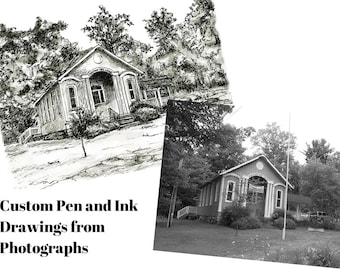 May include: A black and white pen and ink drawing of a building with a porch and columns. The drawing is on the left side of the image. On the right side of the image is a photograph of the same building. The building is a small, one-story structure with a gabled roof. It has a porch with columns and a railing. The building is surrounded by trees.