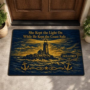 May include: A navy blue doormat featuring a lighthouse scene with the text "She Kept the Light On While He Kept the Coast Safe." The design includes a lighthouse, ocean waves, anchors, and the names "Jack & Emily."