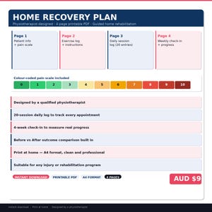 May include: A printable PDF home recovery plan designed by a physiotherapist. The plan includes a pain scale, exercise log, daily session log, and weekly check-in. The document is A4 format and suitable for any injury or rehabilitation program.