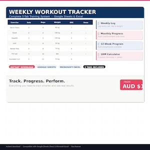 May include: A white digital workout tracker with a blue header that says "WEEKLY WORKOUT TRACKER". The tracker includes sections for exercise, sets, reps, weight, and RPE. It also has options for weekly logs, monthly progress, and a 12-week program.