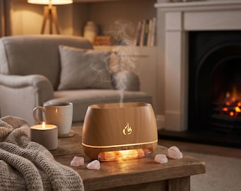Aroma Diffuser Holzoptik mit Salzsteinen, Luftbefeuchter, Lufterfrischer mit LED Licht, Ätherische Öle Diffuser, Raumduft Nebler Geschenk