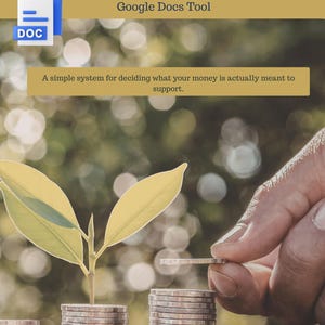 May include: Image of a financial planning graphic with text that reads "The Intentional Spending Planner." The image includes a stack of coins, a plant, and a hand placing a coin on the stack. The graphic also includes the text "Editable Google Docs Tool."