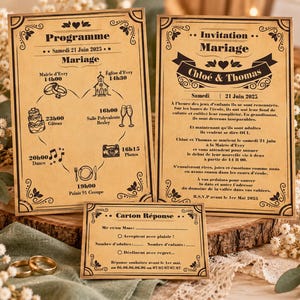 Peut inclure: Un ensemble de trois cartes de papeterie de mariage sur papier beige avec une impression noire. Les articles comprennent un programme de mariage avec des icônes, une invitation pour Chloé et Thomas le 21 juin 2025 et une carte de réponse.