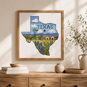 Texas Cross Stitch Pattern, Landscape Bluebonnets Farmhouse Decor (PDF Download)