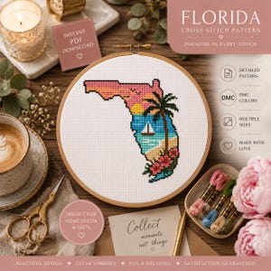 May include: A cross-stitch pattern of Florida's outline, featuring a sunset, palm tree, and sailboat. The design is in a wooden embroidery hoop. Text includes "Florida Cross Stitch Pattern" and "Paradise in Every Stitch."