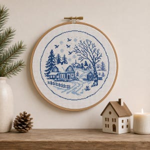 Winter Village Cross Stitch Pattern, Bluework Landscape, Scandinavian Christmas Decor (PDF Download)