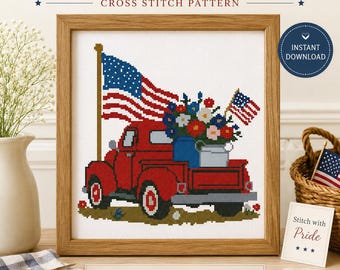 Patriotic Truck Cross Stitch Pattern PDF, Vintage Red Pickup Embroidery Design, American Flag Floral ,4th of July Cross Stitch.