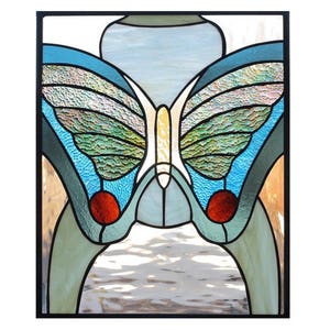 stained glass art panel of butterfly in blue and green image 1