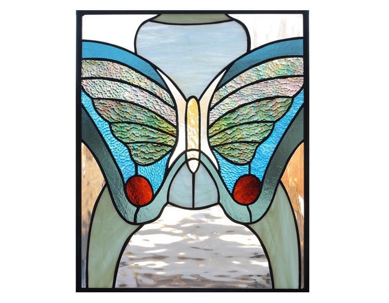 stained glass art panel of butterfly in blue and green image 1