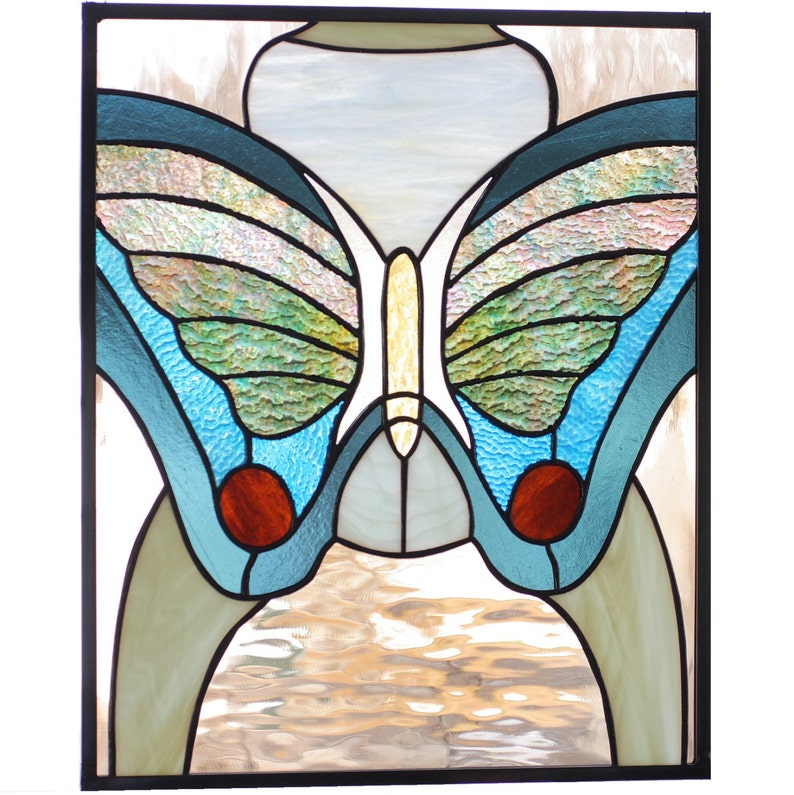 stained glass art panel of butterfly in blue and green image 2