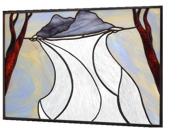 Stained glass panel of clouds on a clothesline between trees "Sheets Of Rain On A Silver Lining"