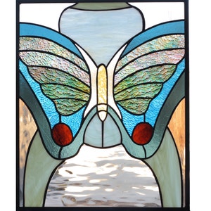 stained glass art panel of butterfly in blue and green image 4