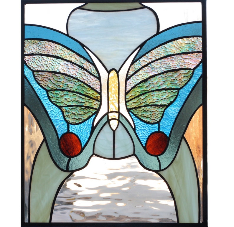 stained glass art panel of butterfly in blue and green image 4