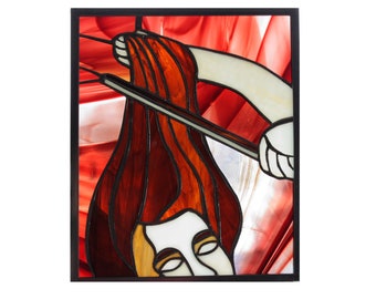 Stained-glass window/panel of a figure playing a women's long hair like a violin