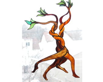 Stained-glass suncatcher of a dancing tree