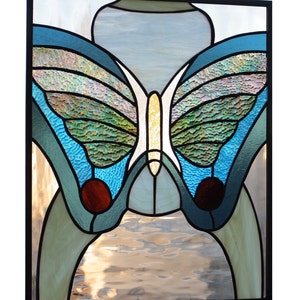 stained glass art panel of butterfly in blue and green image 5