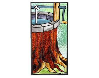 stained glass panel of tree wishing well