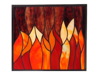 stained glass window/ panel of a campfire