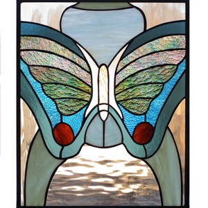 stained glass art panel of butterfly in blue and green image 3