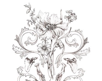 PRINT of original drawing "Mandible Bouquet"- graphite, art, anatomy, floral, valentine, black and white