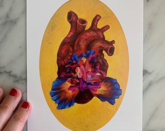 Hearts Aflame PRINT of gouache painting- human anatomy, medical illustration, anatomical heart, floral art