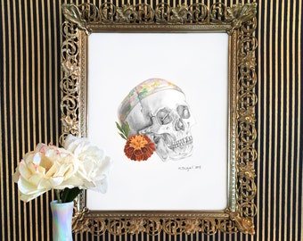October- monthly drawing with skull, birthstone, and flower