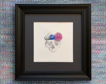 ORIGINAL drawing "September," monthly drawing with skull, birthstone, and flower