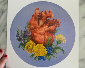 Sucker For Succor PRINT of gouache painting- human anatomy, medical illustration, anatomical heart, floral art