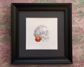 ORIGINAL drawing "October," monthly drawing with skull, birthstone, and flower