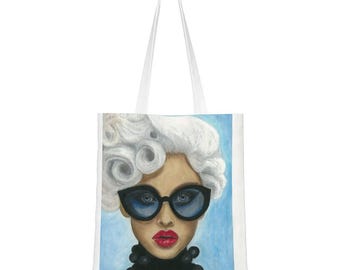 Art print Canvas Tote Bag - Business Lady with Sunglasses - with white stripes on the side.